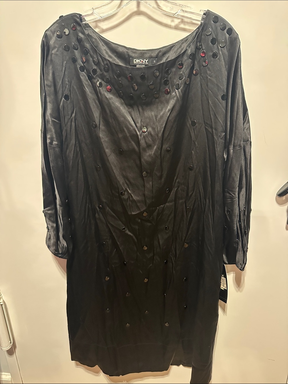 DKNY Black Satin Studded Round Neck packet Shift Dress Brand New Orig 345